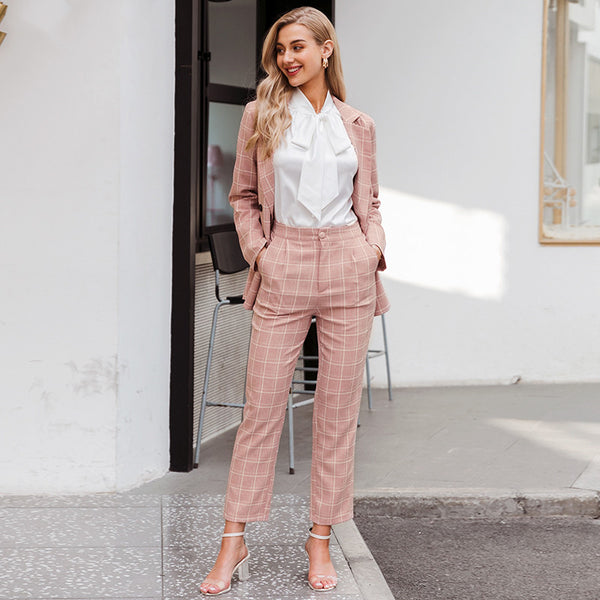 Two-piece pink plaid nine-point pants slim suit