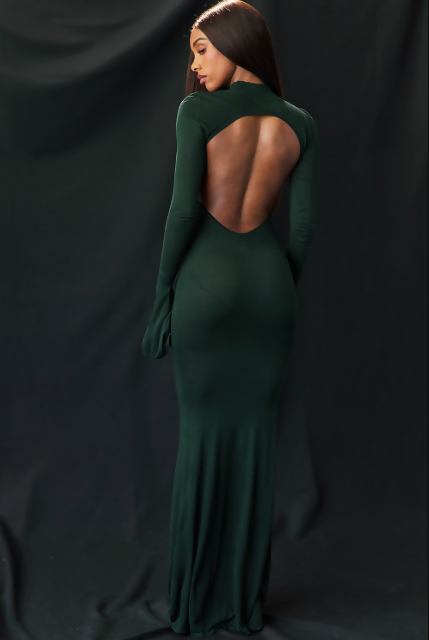 Sheer Elegance: Sancha Dress with Fluted Sleeves and Backless Design