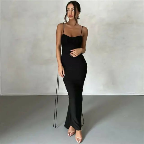 Dilla Backless Wrap Hip Long Sling Dress Sexy Sleeveless Lace Up Bodycon Dresses