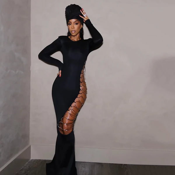 Allure in Black: Side Hollow High Split Long Sleeve Bandage Bodycon Maxi Dress