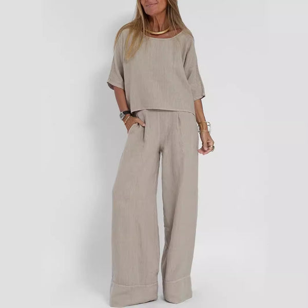 Cotton And Linen Casual Cropped Sleeves Wide-leg Pants Suit