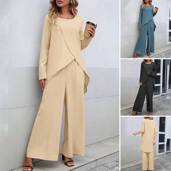 Irregular Hem Top Elastic Waist Wide Leg Trousers Two-piece Set