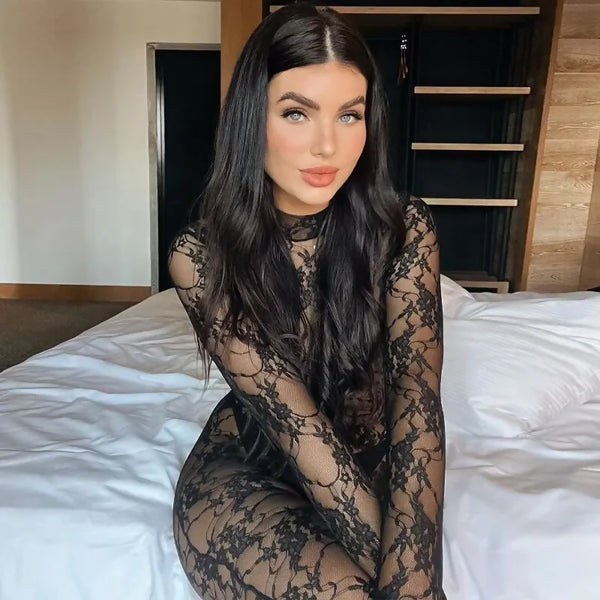 Seductive Elegance: See-Through Black Lace Long Sleeve Jumpsuit