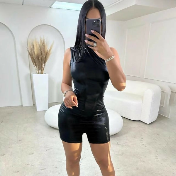 Silky Solid Playsuits Fashion Inclined Shoulder Simple Ladies Jumpsuit